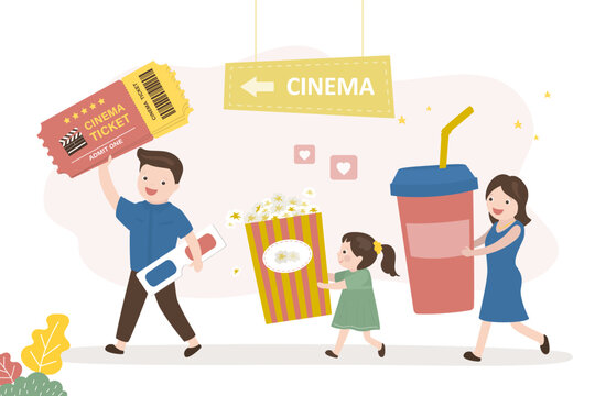 Happy family going in cinema to watching movie. Father holds tickets. Cute characters with popcorn and drinks. Weekend, entertainment time together, pastime.