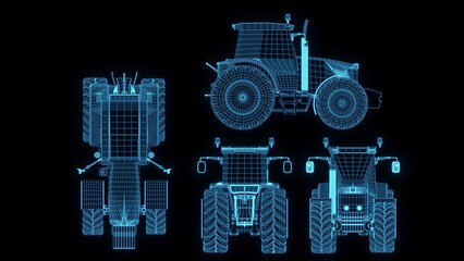 3d rendering illustration Agriculture and Farming car truck.hologram futuristic show technology security for premium product business finance. Harvester trucks, tractors, farmers and village farm