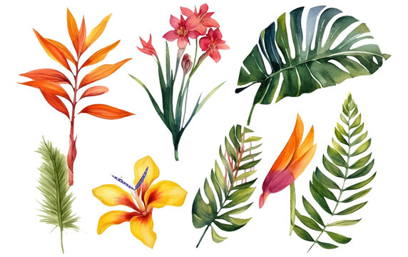 watercolor set vector illustration of tropical flowers isolated on white background Generative AI