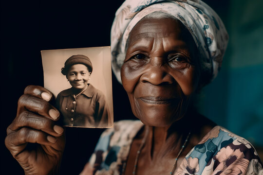 Old Black Woman Holding A Photo From Herself In Younger Into The Camera