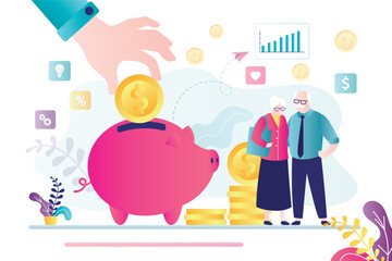 Banker hand puts gold coins in piggy bank. Happy elderly people with big profit. Love old couple have profit from bank deposits, passive income. Retirement fund, savings.