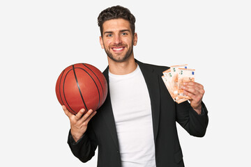Young caucasian business man holding a basket ball and cash