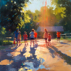 Summer Authentic outdoor experiences, showcase warm-weather adventure, fun, Hand drawn abstract, Vibrant Ink And Luministic Oil Painting, Background, artwork Concept, Abstract luxury, generative AI
