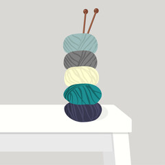 Balls of yarn with wooden knitting needles on the table. Cartoon vector illustration.
