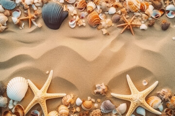 Fototapeta na wymiar Starfish and seashells on tropical beach background. Summer vacation and nature concept. Generative ai.