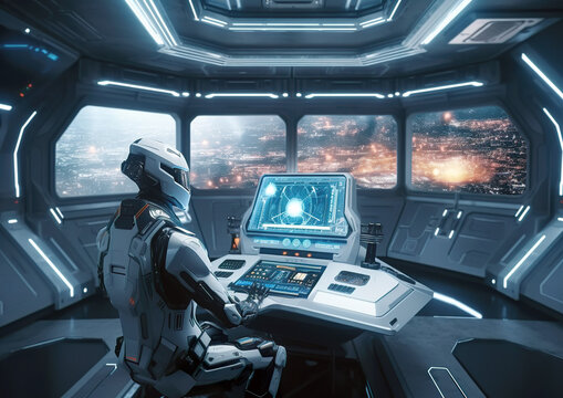 The interior of a modern spaceship of the future, with command and control units and a robot captain on board.Sci-fi futuristic vision of future technology.AI generated illustration.