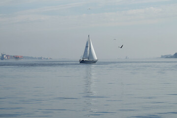 Obraz premium Sailboat at sea on a summer day against the blue sky