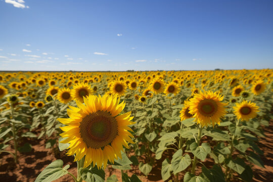 A blue sky overlooks the best field of sunflowers, Generative AI