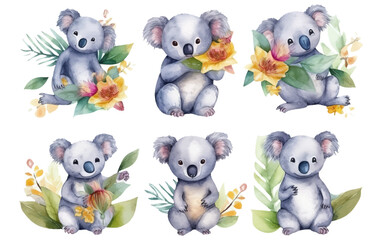 watercolor set vector illustration of cute gray koala isolated on white background Generative AI