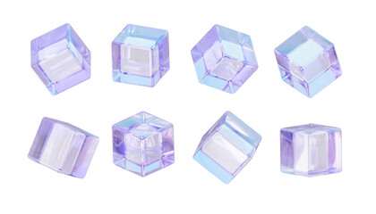 Set 3d  glass Iridescent plastic cubes, crystal blocks with holographic transparent texture. 3d rendering illustration.  © Kari_designer