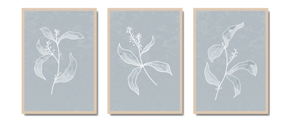 Set of paintings, botanical wall art vectors. Foliage watercolor drawing with abstract shape and texture. Abstract floral design for print, decor, wallpaper, minimal and natural wall art.