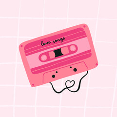 Obraz premium Cute pink music tape with love songs, hand drawn flat vector illustration on pink background. Valentine's poster or greeting card. Old retro audio tape.
