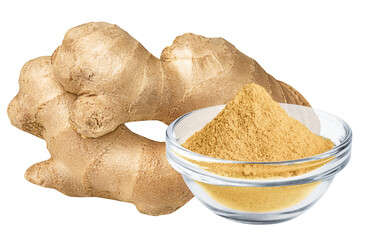 Ginger isolated on white or transparent background. Dry ground ginger powder and fresh ginger root