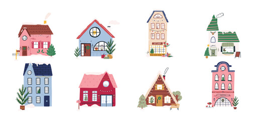 Set of cute winter houses, hand drawn flat vector illustration isolated on white background. Christmas decorated buildings with tree, snowman and lights. Cafe and gift shop building. Cute cabin house.