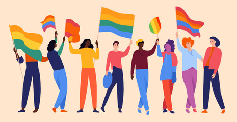 Fototapeta na wymiar A crowd of people with an LGBTQ+ flag. Human rights peaceful protest. Rainbow banner vector LGBT pride month illustration