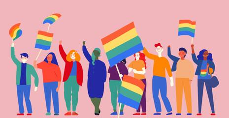 A crowd of people with an LGBTQ+ flag. Human rights peaceful protest. Rainbow banner vector LGBT pride month illustration