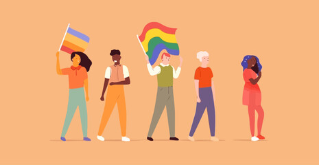 A crowd of people with an LGBTQ+ flag. Human rights peaceful protest. Rainbow banner vector LGBT pride month illustration