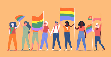 A crowd of people with an LGBTQ+ flag. Human rights peaceful protest. Rainbow banner vector LGBT pride month illustration