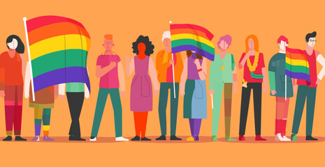 A crowd of people with an LGBTQ+ flag. Human rights peaceful protest. Rainbow banner vector LGBT pride month illustration