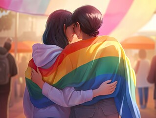 A pair of friends embracing while holding rainbow flags in support of the LGBTQ + community.Generative AI