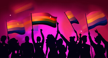 Fototapeta na wymiar A crowd of people with an LGBTQ+ flag. Human rights peaceful protest. Rainbow banner vector LGBT pride month illustration