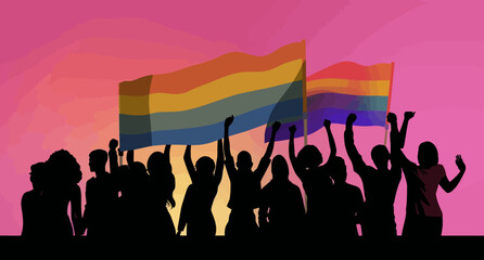 A crowd of people with an LGBTQ+ flag. Human rights peaceful protest. Rainbow banner vector LGBT pride month illustration