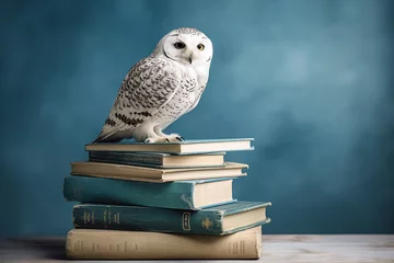 Rolgordijnen the owl of minerva on a stack of books, concrete blue wall background, created with generative ai © Echelon IMG