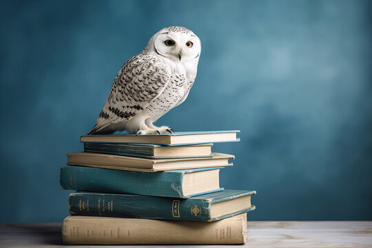 the owl of minerva on a stack of books, concrete blue wall background, created with generative ai