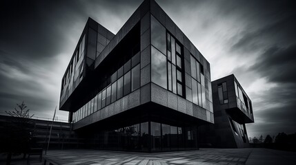 The use of monochromatic tones and abstract forms gives this building a contemporary feel. AI generated