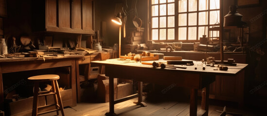 fine wood working or woodworking scene. Hand edited generative AI. - obrazy, fototapety, plakaty