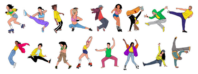 Fototapeta na wymiar Set of young people, teenagers performing different activities, dancing hip hop, breakdance, roller skating, exercising martial arts. Outline cartoon vector drawings isolated, transparent background. 