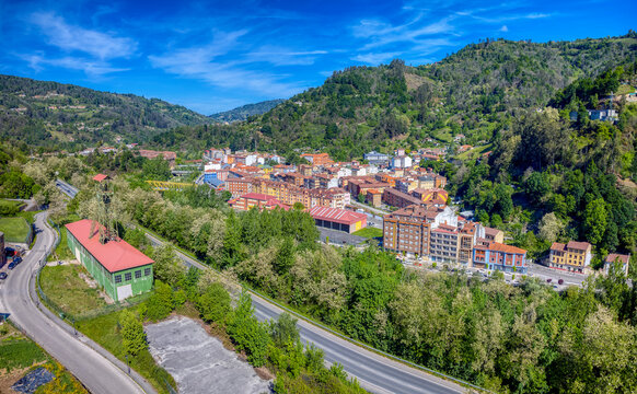 Town of Sotrondio in Asturias, seen from Pozo Villar, a closed coal mine.