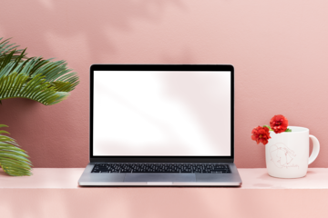 Laptop mockup with a pastel pink wall transparent png