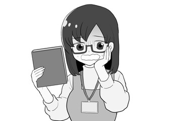 本を持って青ざめる女性　グレー