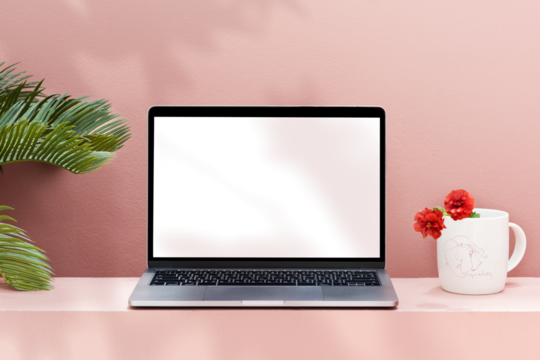 Laptop mockup with a pastel pink wall transparent png