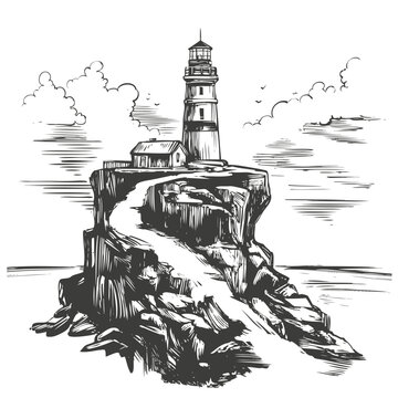 lighthouse and sea landscape hand drawn vector illustration realistic sketch
