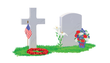 A white marble tombstone and a cross on green grass, a bouquet of red poppies and an American flag. The grave is decorated with a flower wreath. Commemorative date of Great Britain, Canada and the USA