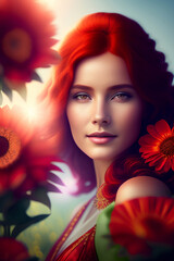 A Beautiful Redhead Among Flowers Created with Generative AI Technology 