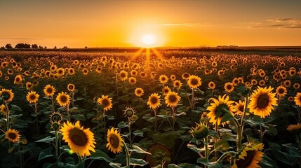 Obraz premium field of sunflowers in sunset light