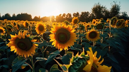 field of sunflowers in sunset light