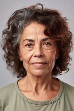 Latin American mature woman head shot portrait over white background. Generative AI vertical shot