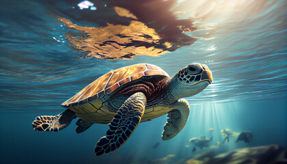 sea turtle on the water. generative AI. Sea turtle swimming, concept of conservation of sea and marine animals and environment.