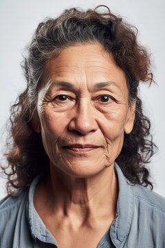 Matured Maori woman head shot portrait over white background. Generative AI vertical shot