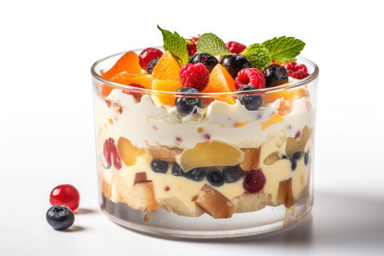 Trifle dessert with berries and cream isolated on white background. Ai generative