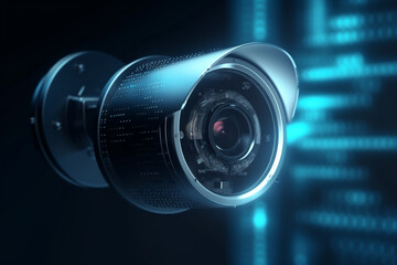 Fototapeta na wymiar Modern surveillance camera on abstract technology background Generative AI