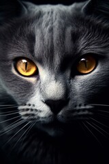Cara de un gato gris con los ojos amarillos