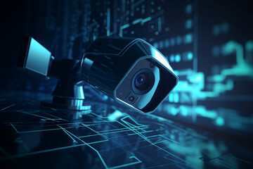  Modern surveillance camera on abstract technology background Generative AI