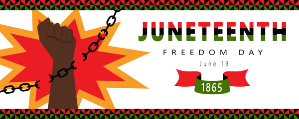 A Banner With A Raised Fist Breaking Chains. The Symbol Of The African American Independence Day. Juneteenth Freedom Day. Vector Illustration On A White Background With African Patterns.