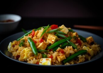 fried rice with spicy chili peppers, green beans, and scrambled tofu