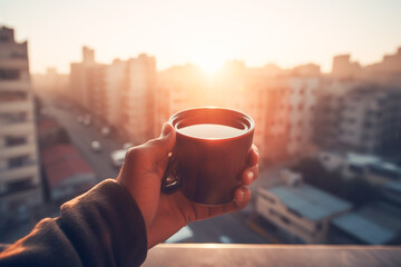 Man holding a cup of hot coffee or tea in his hands with view a blurred cityscape. Man on rooftop or balcony with hot drink in morning sunlight and urban landscape in background. Generative AI - obrazy, fototapety, plakaty